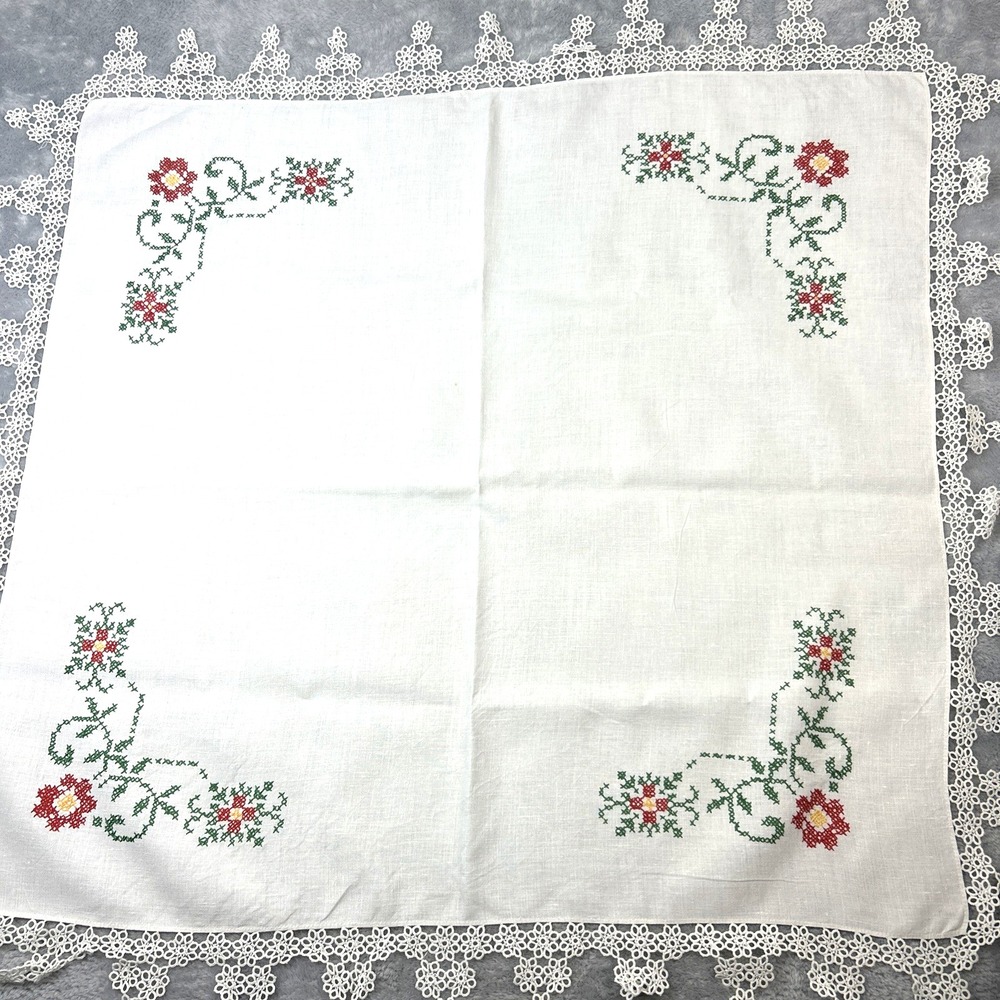 Vintage Embroidered Tablecloth 33x36 Linen White Lace Trim Red Green Yellow